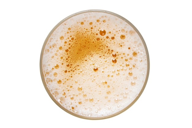 Foto cerveza en vaso. espuma de cerveza aislada sobre fondo blanco. vista desde arriba.