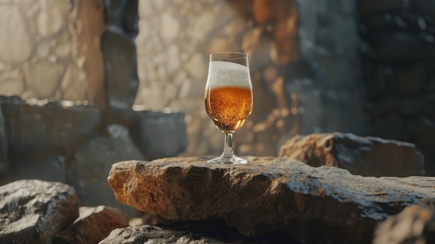 Cerveza en un vaso en una vieja piedra