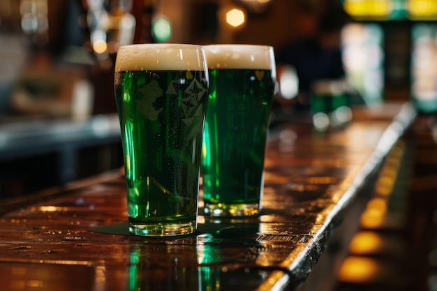 La cerveza verde del día de San Patricio en un bar