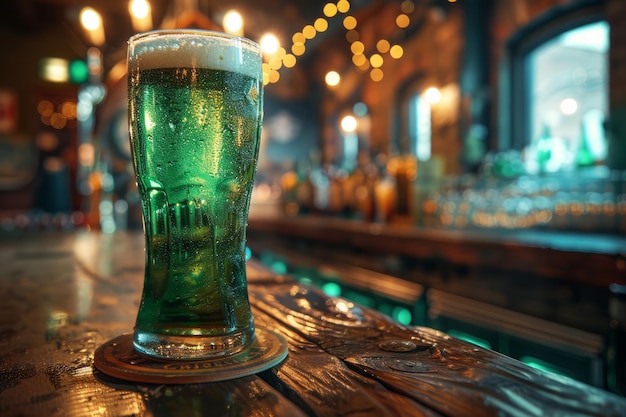 La cerveza verde del día de San Patricio en un bar