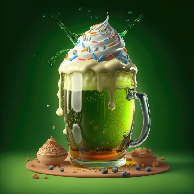 cerveza verde gratuita con helado en fondo verde ilustración en 3D