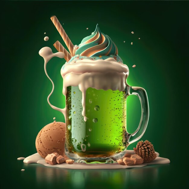 cerveza verde gratuita con helado en fondo verde ilustración en 3D