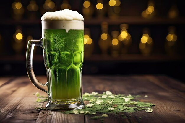 cerveza verde irlandesa día de San Patricio hay una taza de vidrio de cerveza verde espumosa en la mesa cultural y