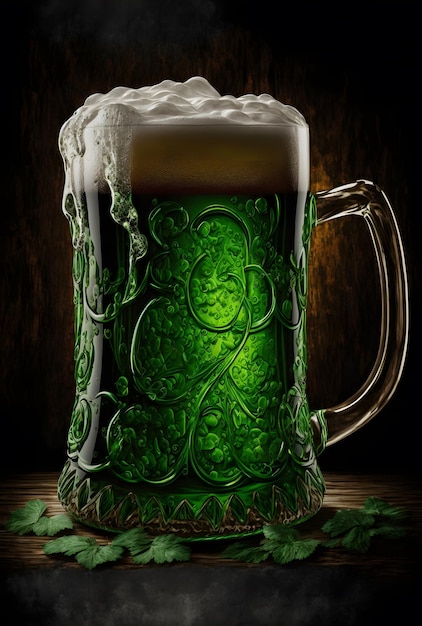 Cerveza verde irlandesa Trébol del Día de San Patricio Una jarra de cerveza verde espumosa sobre la mesa Fiesta religiosa cultural el 17 de marzo