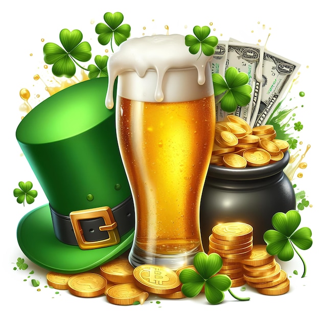 cerveza vidrio trébol verde hojas monedas de oro y sombrero verde de Patrick con salpicaduras de cerveza aislados en blanco