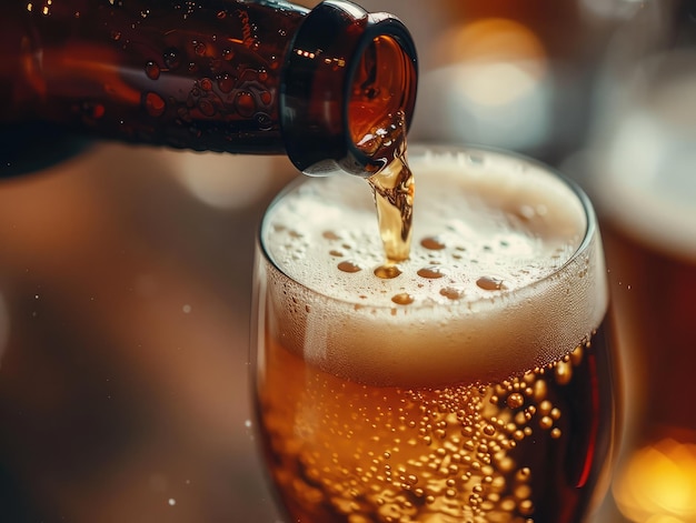 La cerveza se vierte de una botella marrón oscuro en un vaso de cerveza Closeup cerveza ligera y fresca vertida en un vidrio vaporizada desde el frío