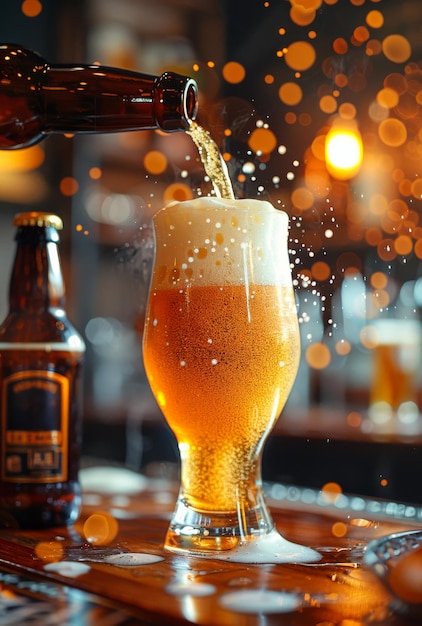 La cerveza se vierte en el vaso de la botella en el pub