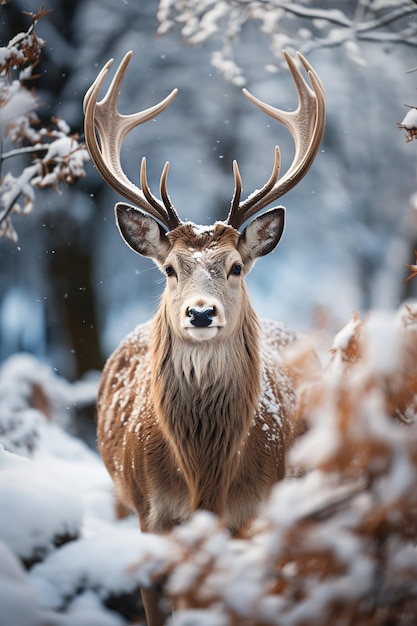 cervo com fundo de natureza de neve