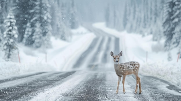 Foto cervo de pé na estrada perto da floresta na manhã de inverno ameaça a vida selvagem e o transporte