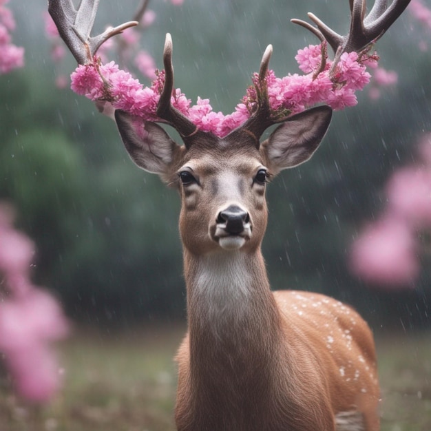 cervo fofo com flores florescendo em dia chuvoso