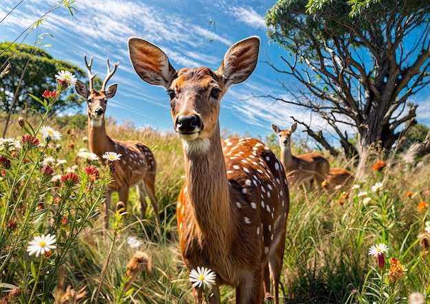 Foto cervo manchado em um campo de grama e flores na áfrica do sul
