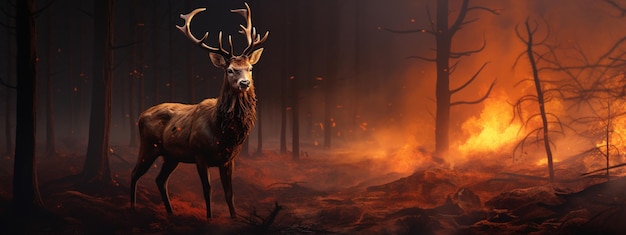 cervo no fundo de uma floresta em chamas o conceito de incêndios florestais