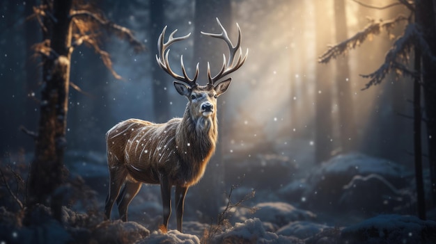 Cervo nobre macho na floresta de neve de inverno paisagem artística de inverno de Natal animal majestoso