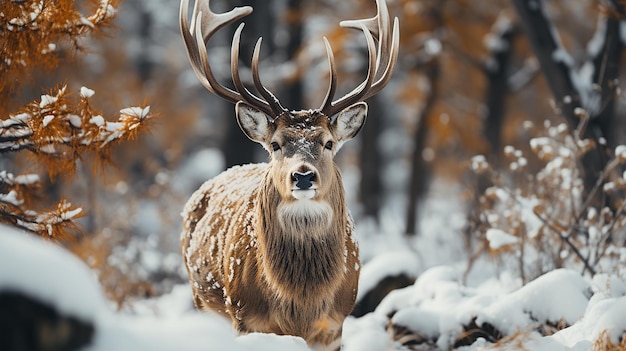 Cervo nobre macho no inverno na floresta de neve foto generativa ai