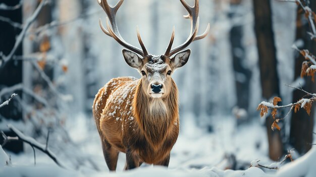 Cervo nobre macho no inverno na floresta de neve foto generativa ai