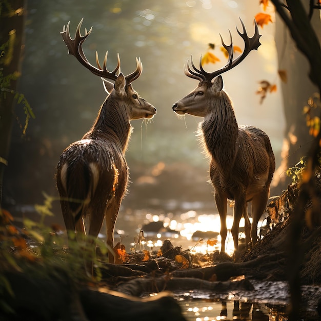 cervo parado em uma floresta com o sol atrás deles