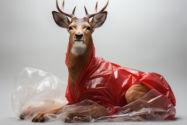 Foto cervo vermelho composto de lixo doméstico em um tema de fundo cinzento de ecologia