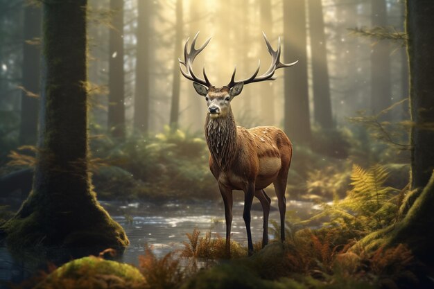 Cervo-vermelho na floresta nebulosa Ilustração hiper-realista