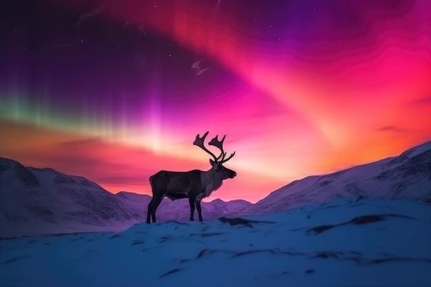 Cervos contra o pano de fundo das montanhas e pôr do sol ártico generativo Ai