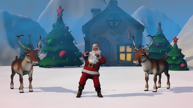 Cervos de Natal e renderização em 3D de Papai Noel