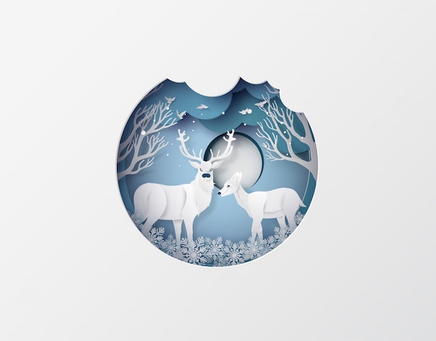 Cervos na floresta com neve na temporada de inverno e Natal. estilo de arte em papel.