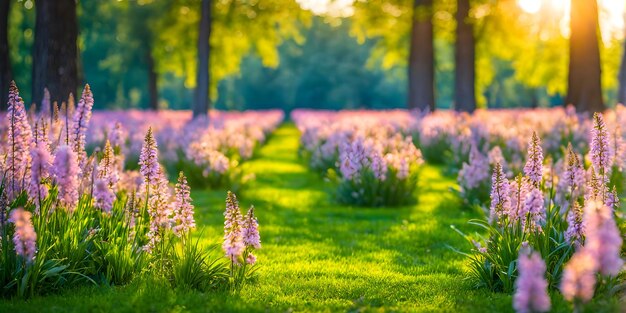 El césped bien podado conduce a las flores