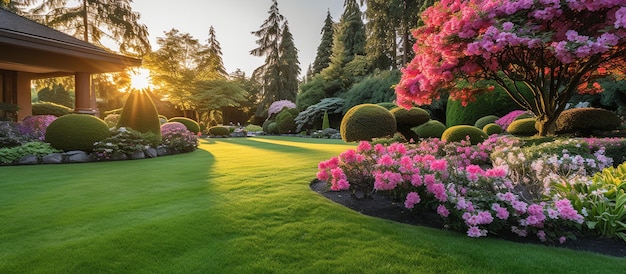 El césped y el césped de flores al aire libre del parque con vista al amanecer