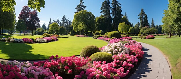 Césped y césped de flores manicurados al aire libre del parque