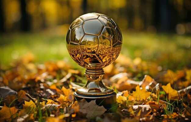 Foto en el césped de un estadio de fútbol una copa de trofeo de metal dorado