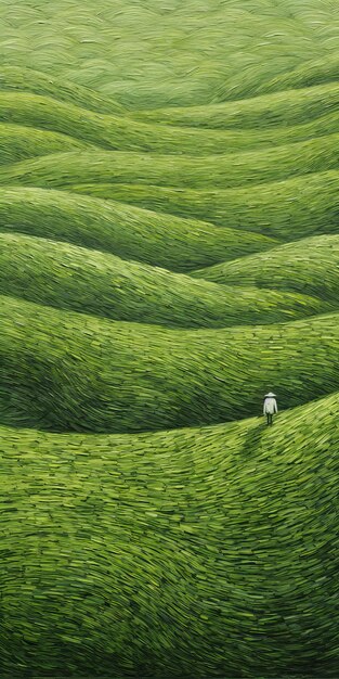 Césped sin fin Una pintura figurativa rústica de un campo verde con una pequeña casa