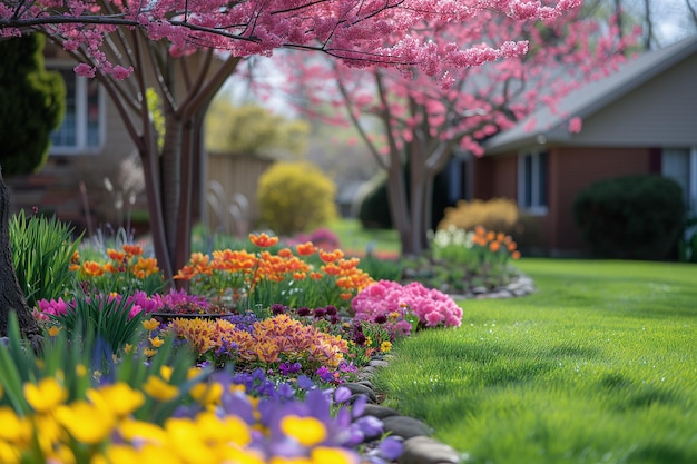 Césped con flores de primavera y árboles en flor cerca de las casas
