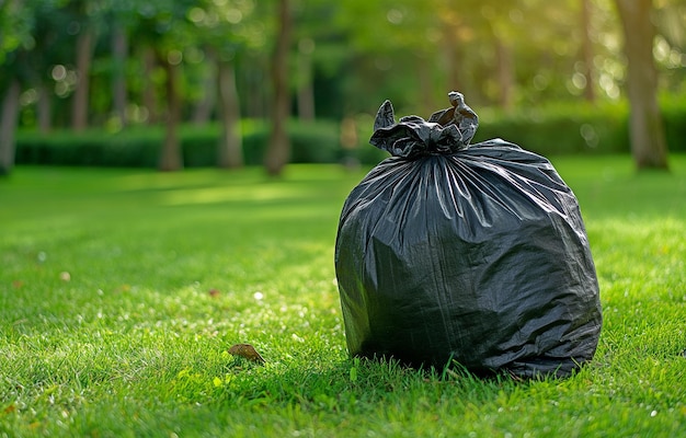 Foto un césped verde con una bolsa de basura oscura