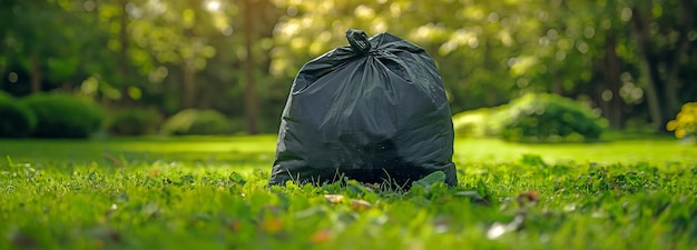 un césped verde con una bolsa de basura oscura