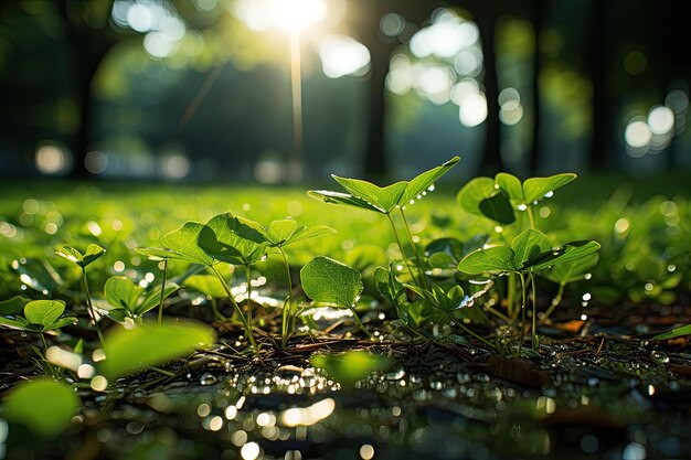 Césped verde brillando al amanecer generativo IA