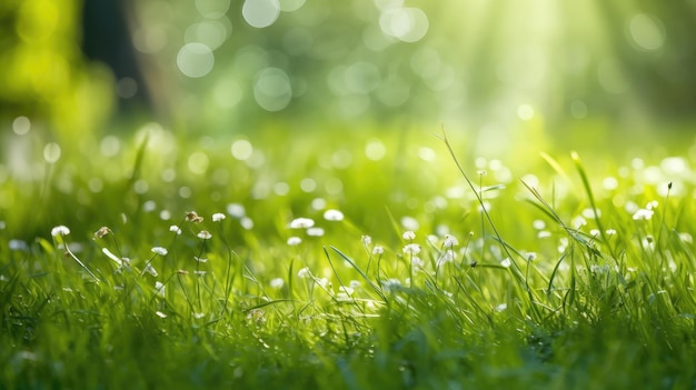 Un césped verde con flores en primer plano