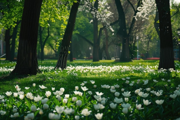 Césped verde rodeado de tulipanes blancos en el parque de la ciudad