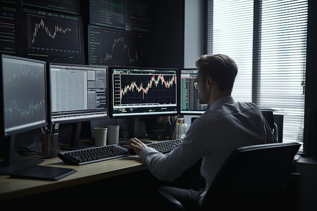 Cessful trader ou empresário trabalhando com gráficos e relatórios de mercado em telas de computador em seu escritório