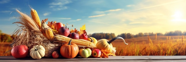 Cesta de Acción de Gracias de calabazas, manzanas y maíz en la cosecha Copiar espacio para texto