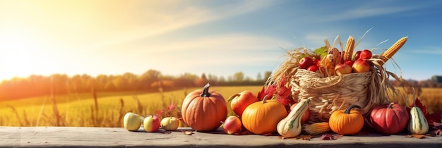 Cesta de Acción de Gracias de calabazas, manzanas y maíz en la cosecha Copiar espacio para texto