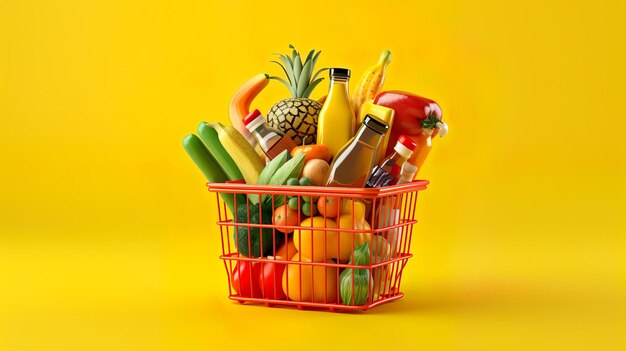 Cesta con alimentos en fondo amarillo Concepto de compras de supermercado Rendering 3D