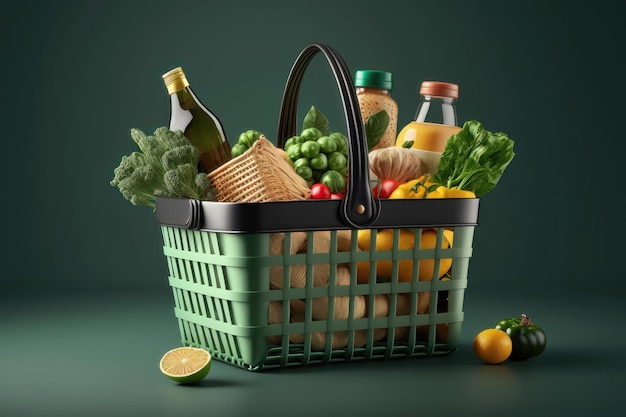 Cesta con alimentos sobre fondo verde Concepto de supermercado Generación de IA