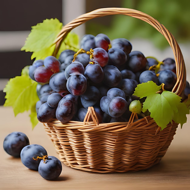 una cesta de arándanos con hojas y una cesta de mimbre con uvas