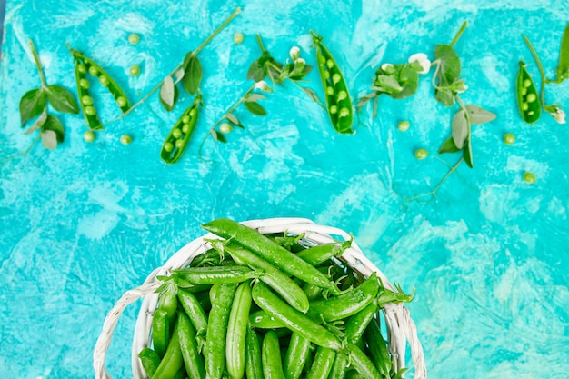 Foto cesta blanca con guisantes verdes frescos en azul.