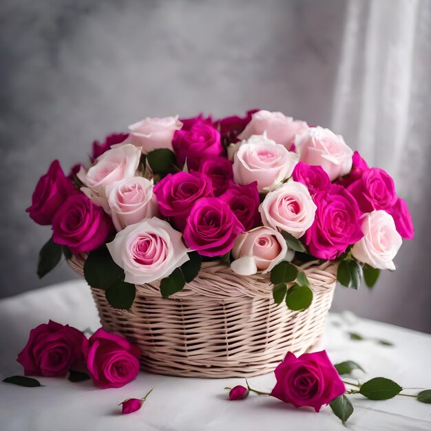 Cesta blanca con rosas fucsias sobre fondo blanco.