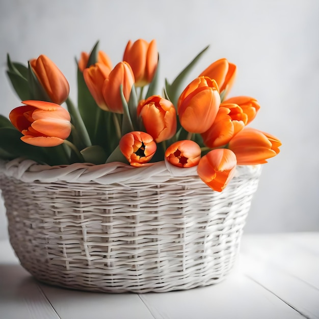 Cesta blanca con tulipanes naranjas sobre un fondo blanco