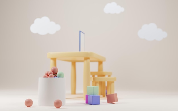 Cesta con bolas pirámide de cubos en la sala de juegos para niños en la mesa de fondo con sillas simuladas de póster Habitación infantil interior moderna para juegos divertidos o vista lateral educativa Ilustración 3d de dibujos animados con nubes