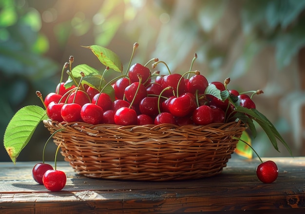 Cesta con cerezas rojas frescas en la mesa de madera