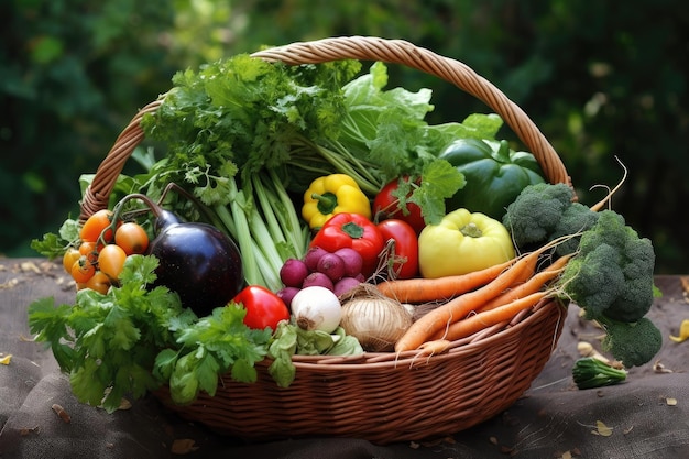 Cesta cheia de legumes recém-colhidos, frutas e ervas criadas com IA generativa