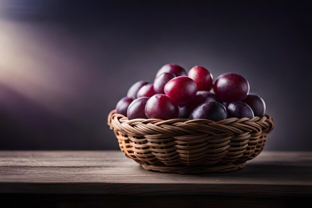 una cesta de ciruelas sobre una mesa con una luz detrás.