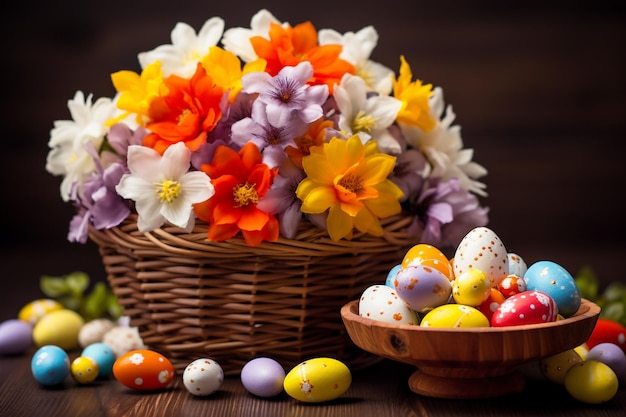 Cesta de coloridos huevos de Pascua con flores